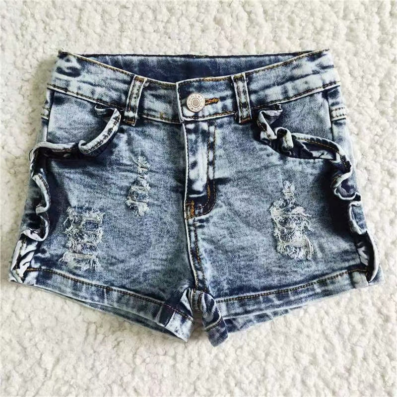 SS0011 RTS ruffle pockets girl button bleaching blue ripped denim shorts 20230417 RTS