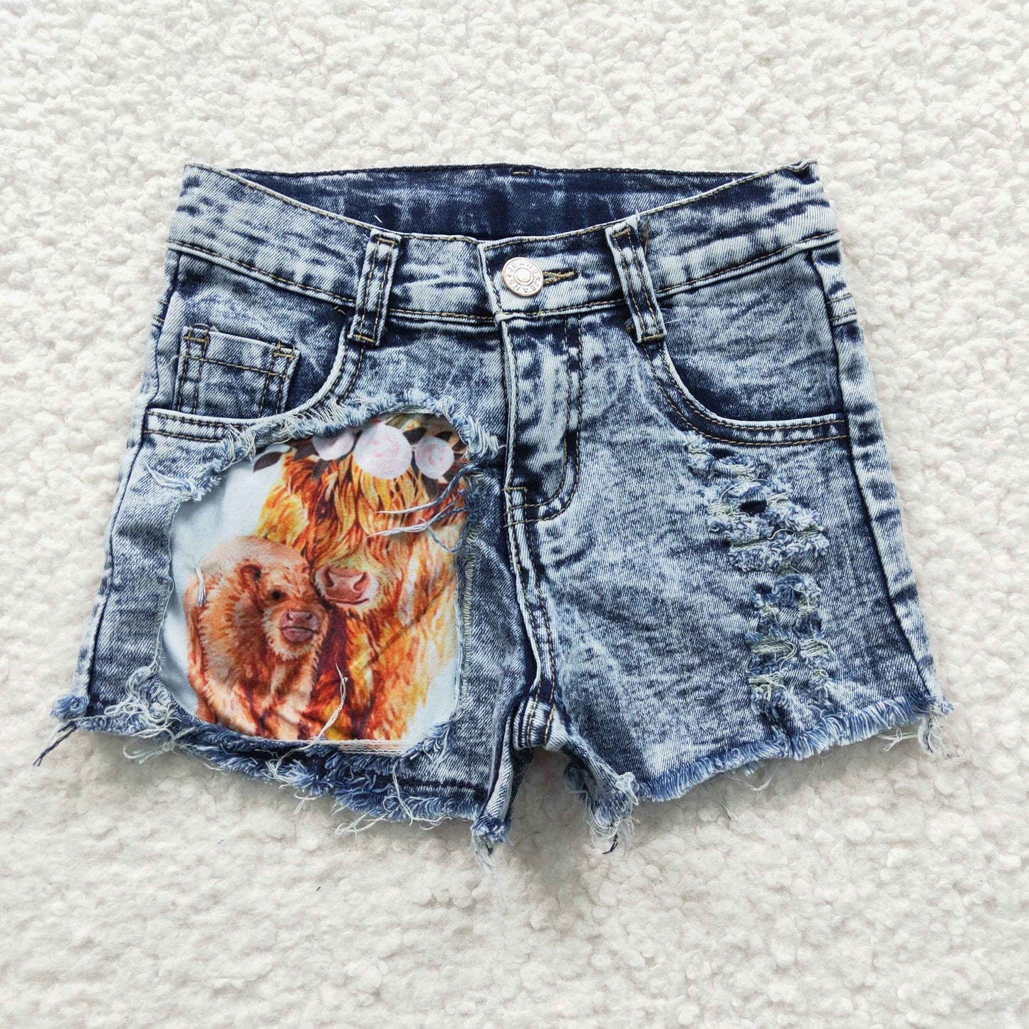 SS0024 pockets summer cow print button yak calf patch denim shorts RTS 20230417