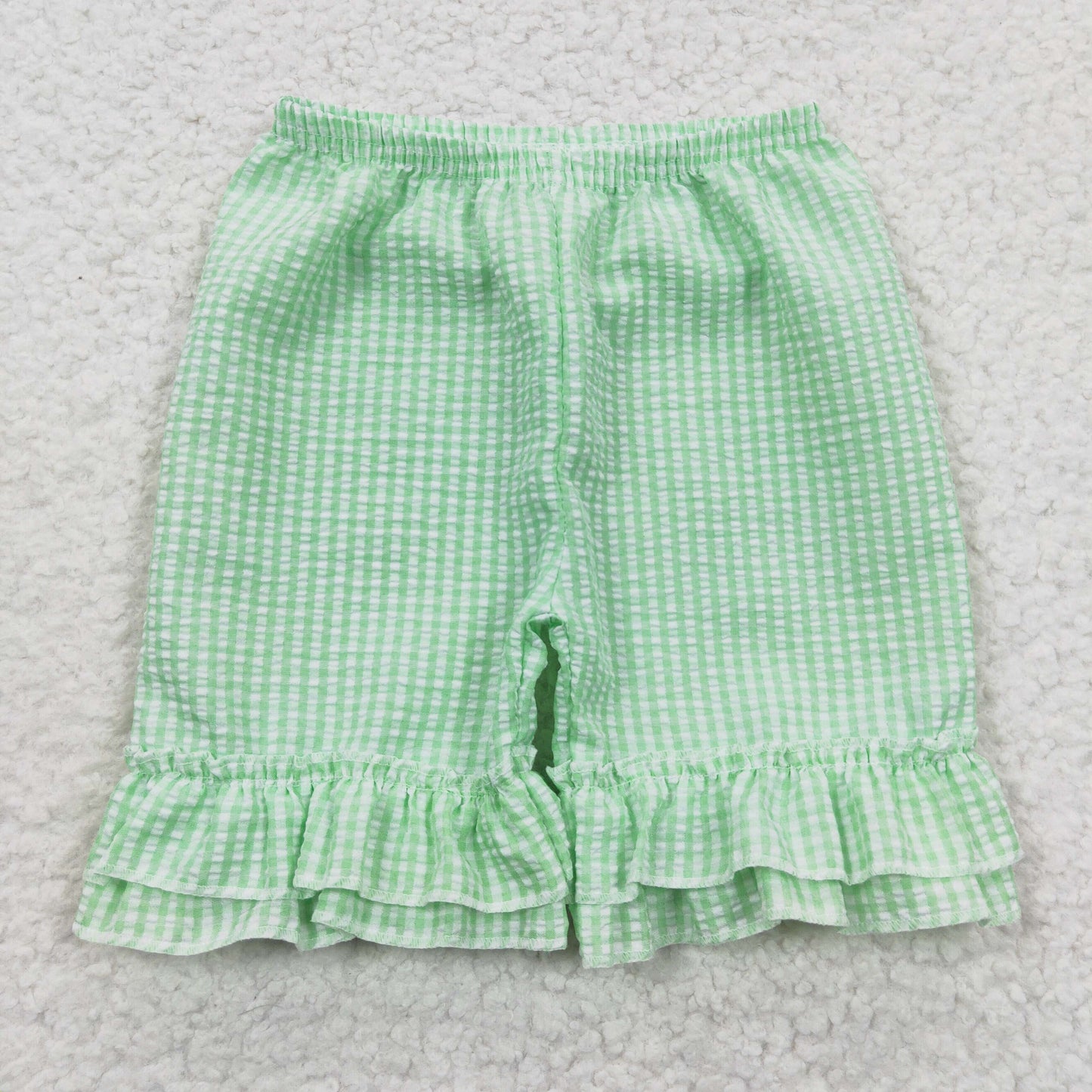 SS0066 girl seersucker ruffles green summer shortS 20230329 RTS