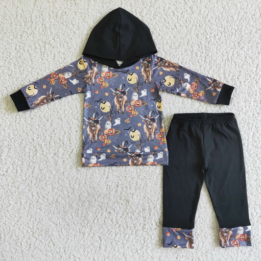 Promotion 202410 BLP0040 RTS 0729 halloween moon cow cartoon three women  white head long sleeve pants purple  boy hoodie outfit