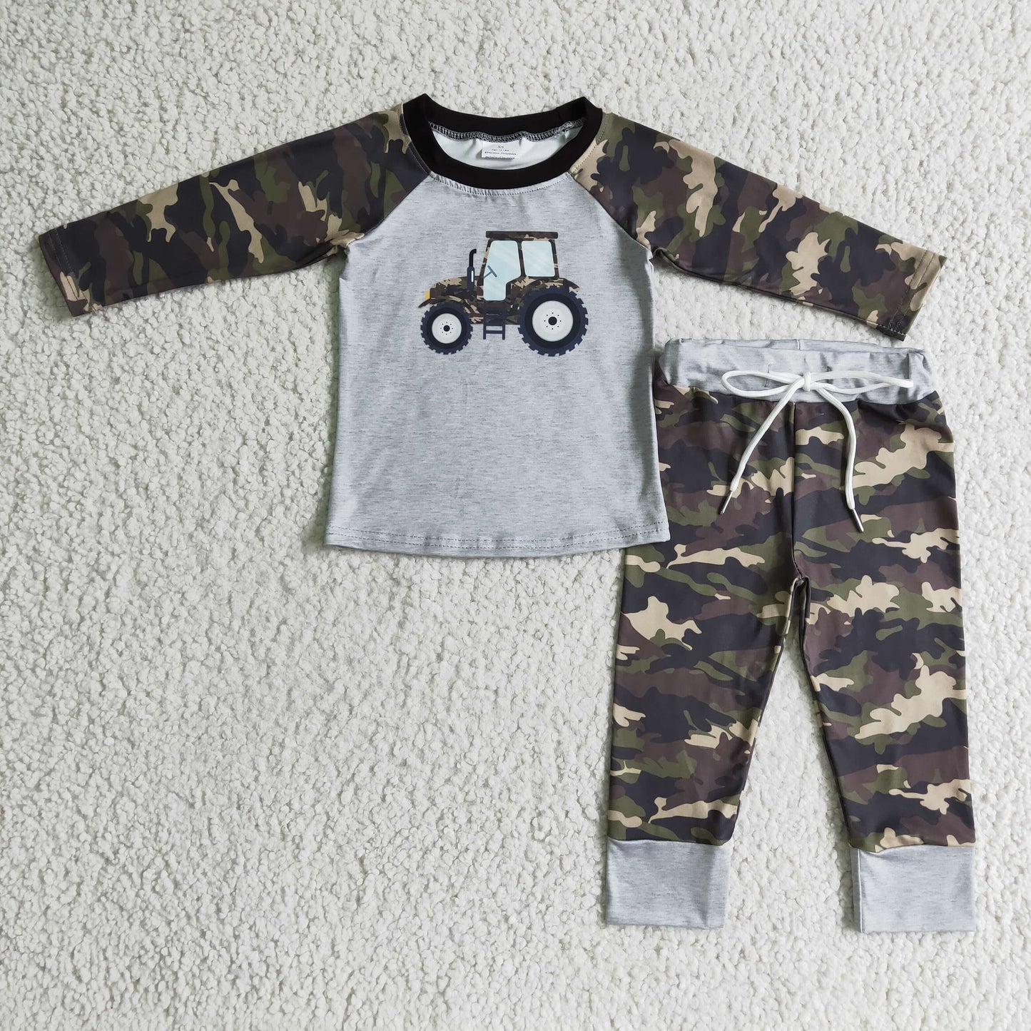 raglan top camo tractor print long pants boy outfit 1026 RTS