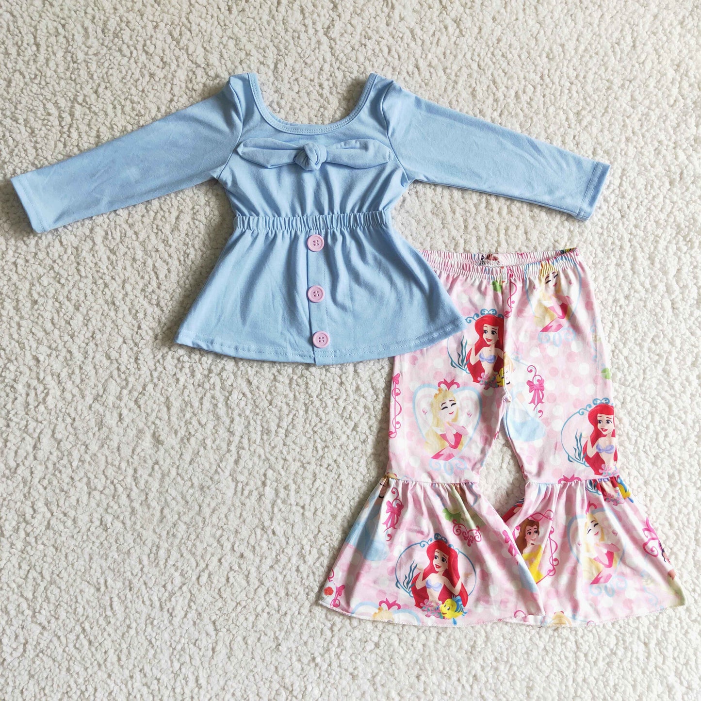 promotion GLP0144  RTS blue long sleeve princess long bell bottom pants girl outfit