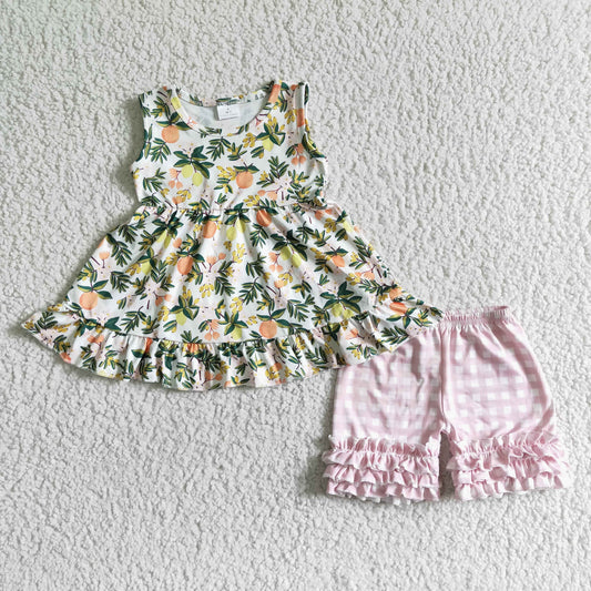 promotion GSSO0076 RTS yellow lime orange fruit Begonia sleeveless pink plaid shorts outfits 0518