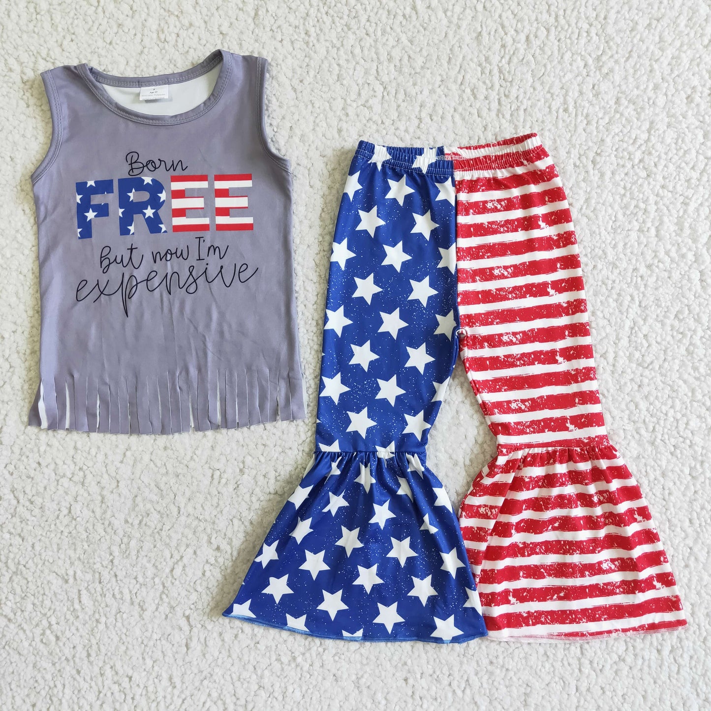 PROMOTION GSPO0050 RTS 4th July free gray top star red white stripe short sleeves ruffle bell pants girl outfits 0505