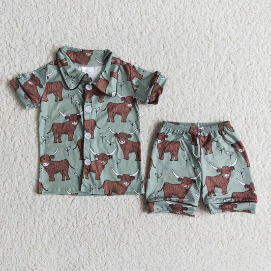 boy collar button green yak cow short sleeve shorts short sleeve pajamas outfits 0122
