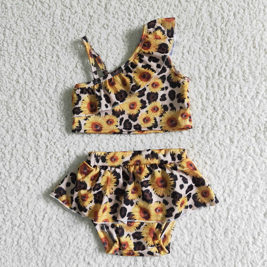 sunflowers ruffles leopard cow print girls swimwear swim suit outfits 0413