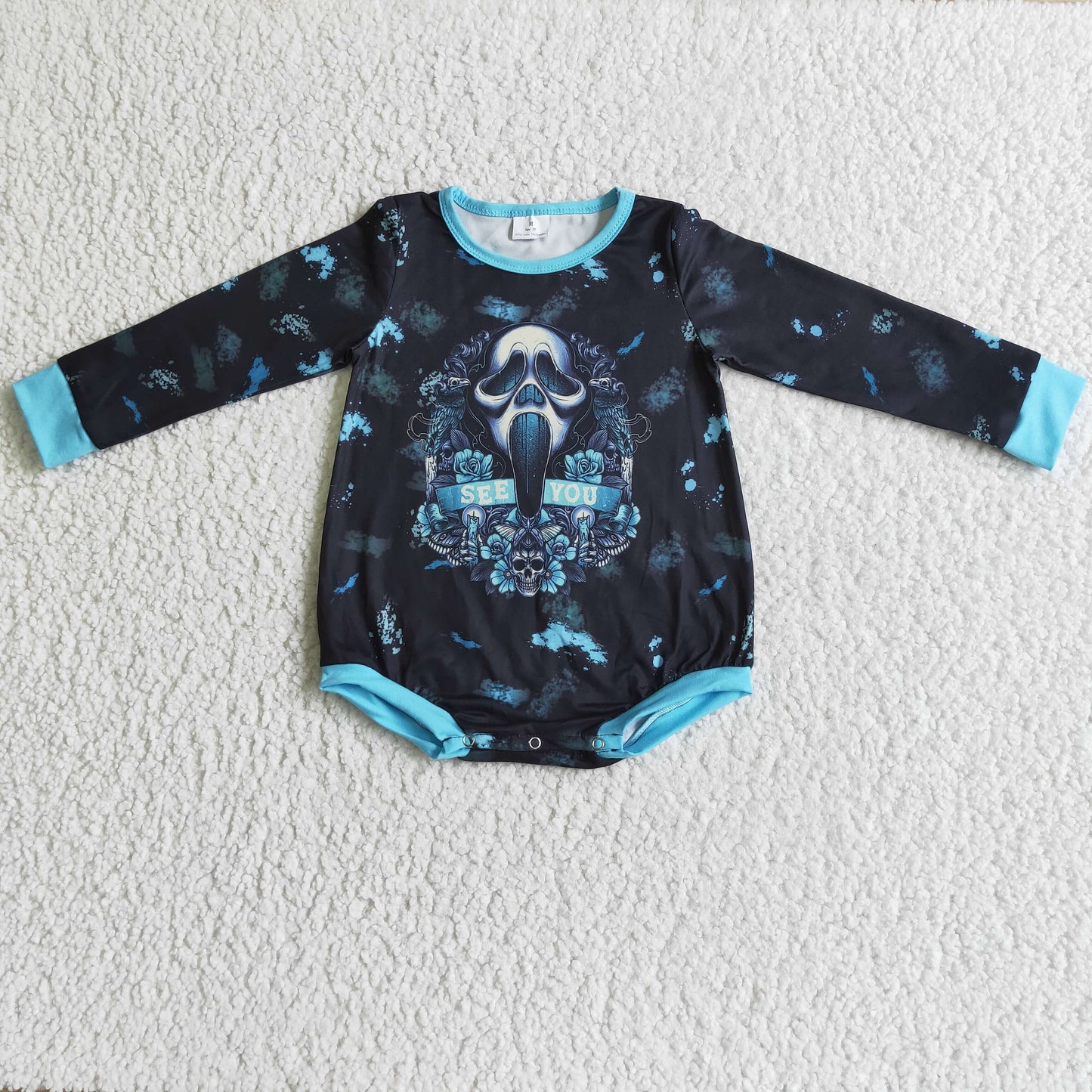 RTS  0824 black halloween skull goast long sleeve boy bubble romper