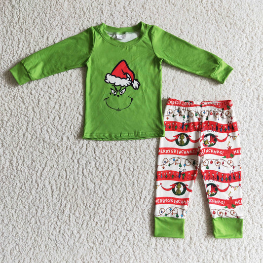 Christmas stripe green cartoon long sleeve pants boy outfit 0929 RTS