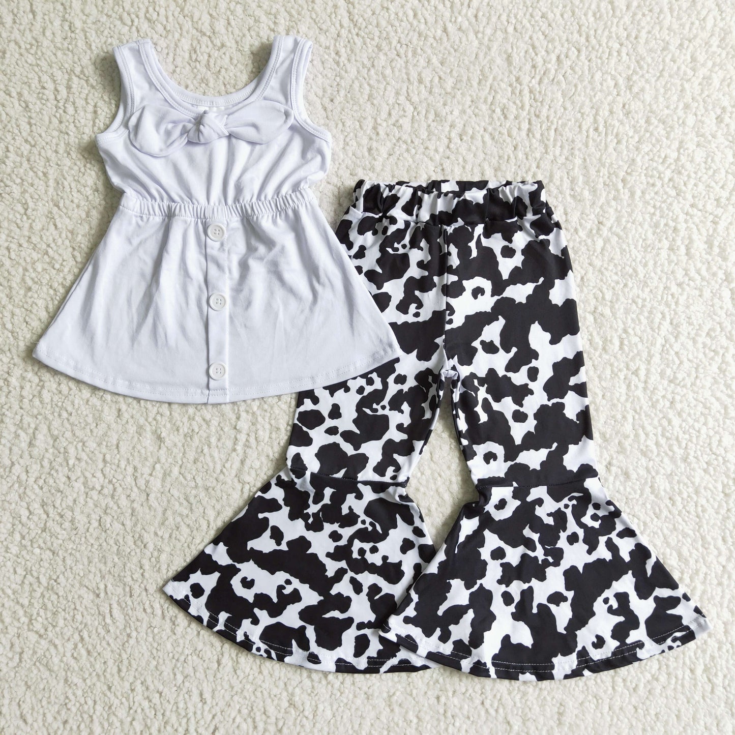 promotion vest 0802 RTS shoulder straps top white bow tunic cow print sleeveless bell bottom pants outfits
