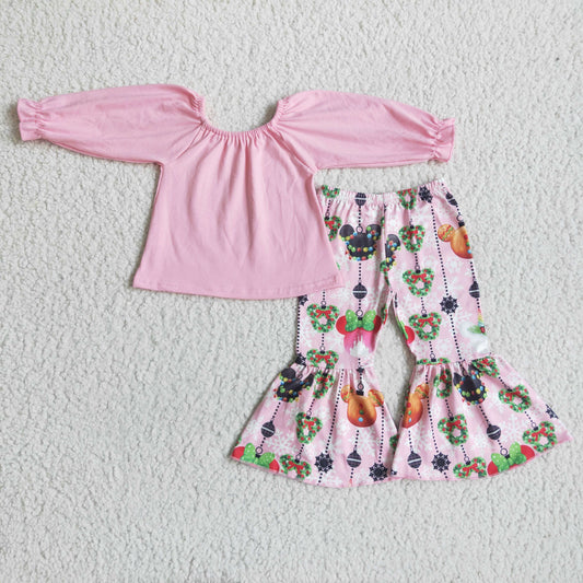 promotion Christmas girl pink cartoon mouse long sleeve bell bottom pant outfits 0705 RTS