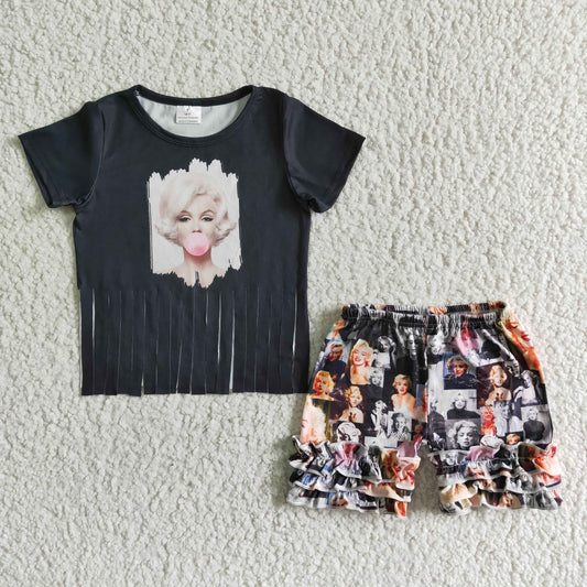 Promotion RTS singer star bubble gum black tassel top ruffles shorts Girl  outfit