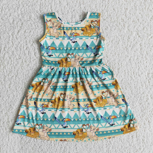 promotion yellow blue triangle ruffles cartoon lions sleeveless dress 0512