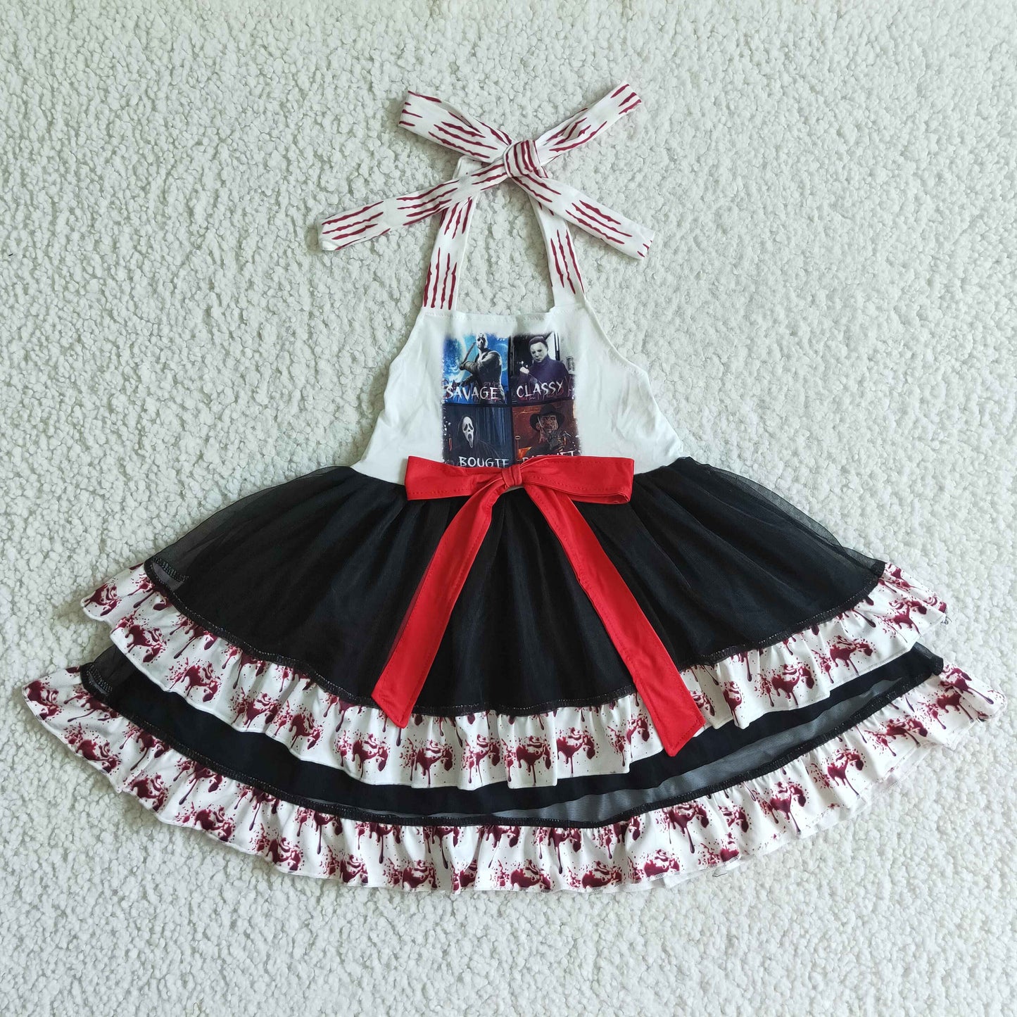 0822 RTS black ruffle red bow cartoon white head three women girl dress halloween