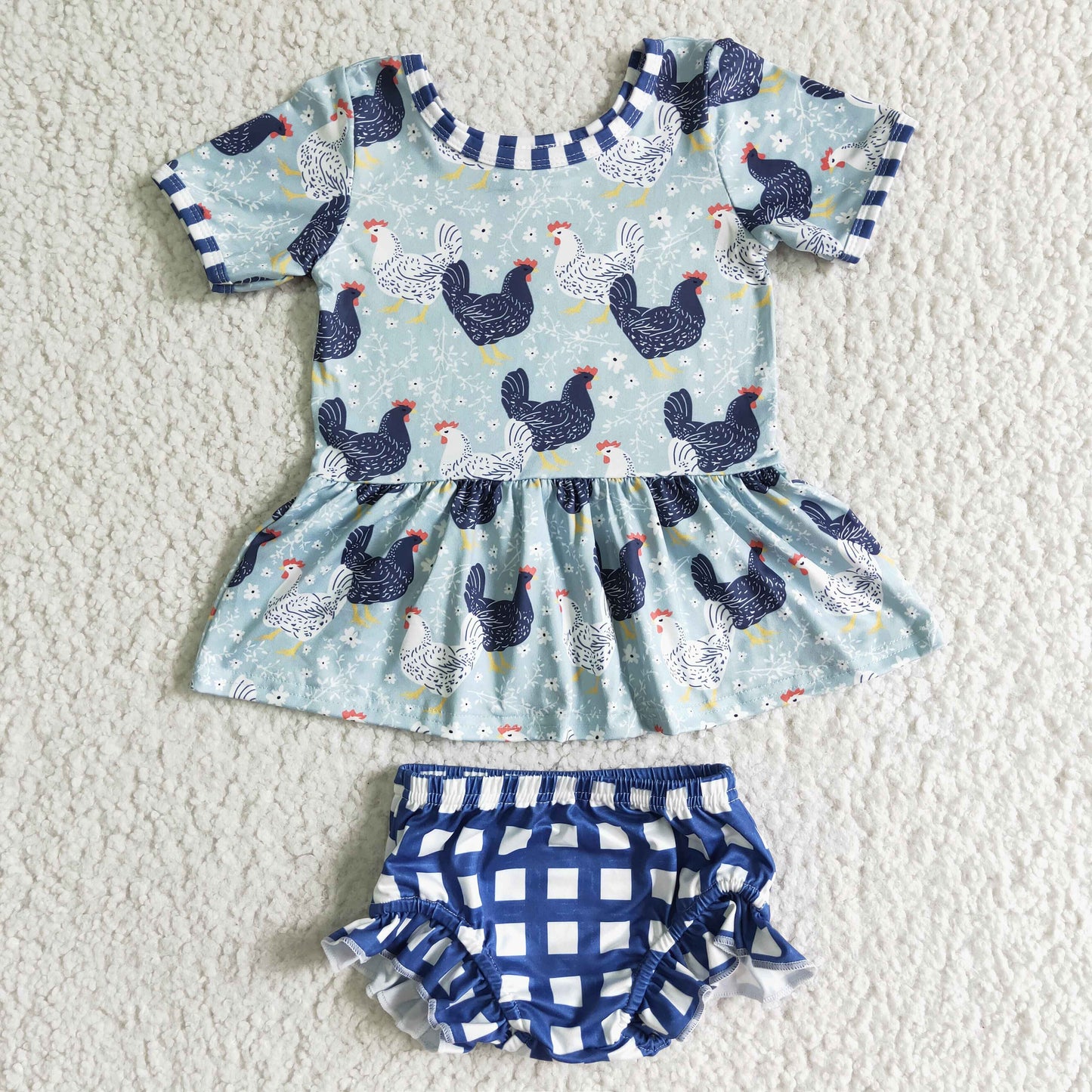 RTS 0614 green blue chicken hen flower short sleeve blue plaid bummies girl outfit