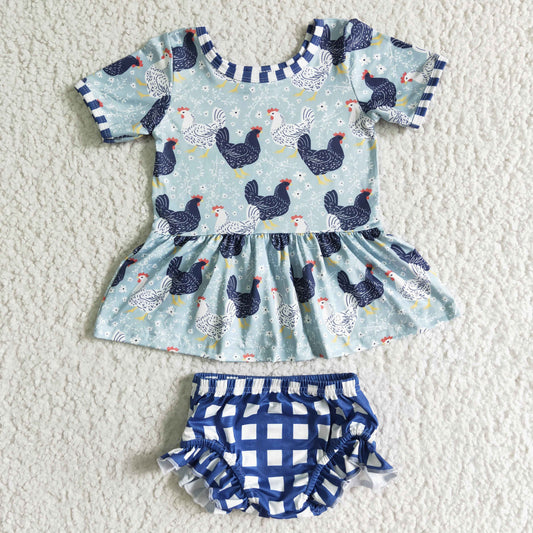 RTS 0614 green blue chicken hen flower short sleeve blue plaid bummies girl outfit