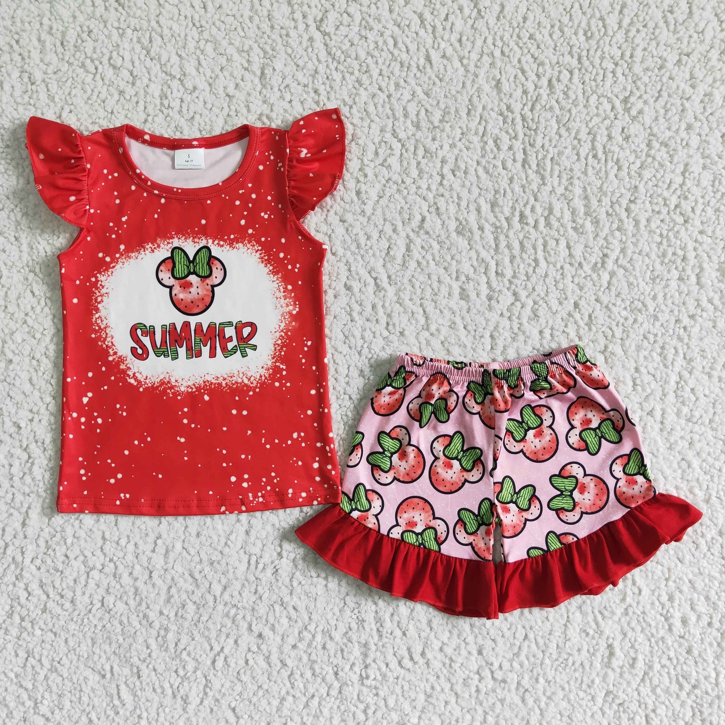 RTS summer red mouse print short sleeve ruffle shorts girl outfits 0525