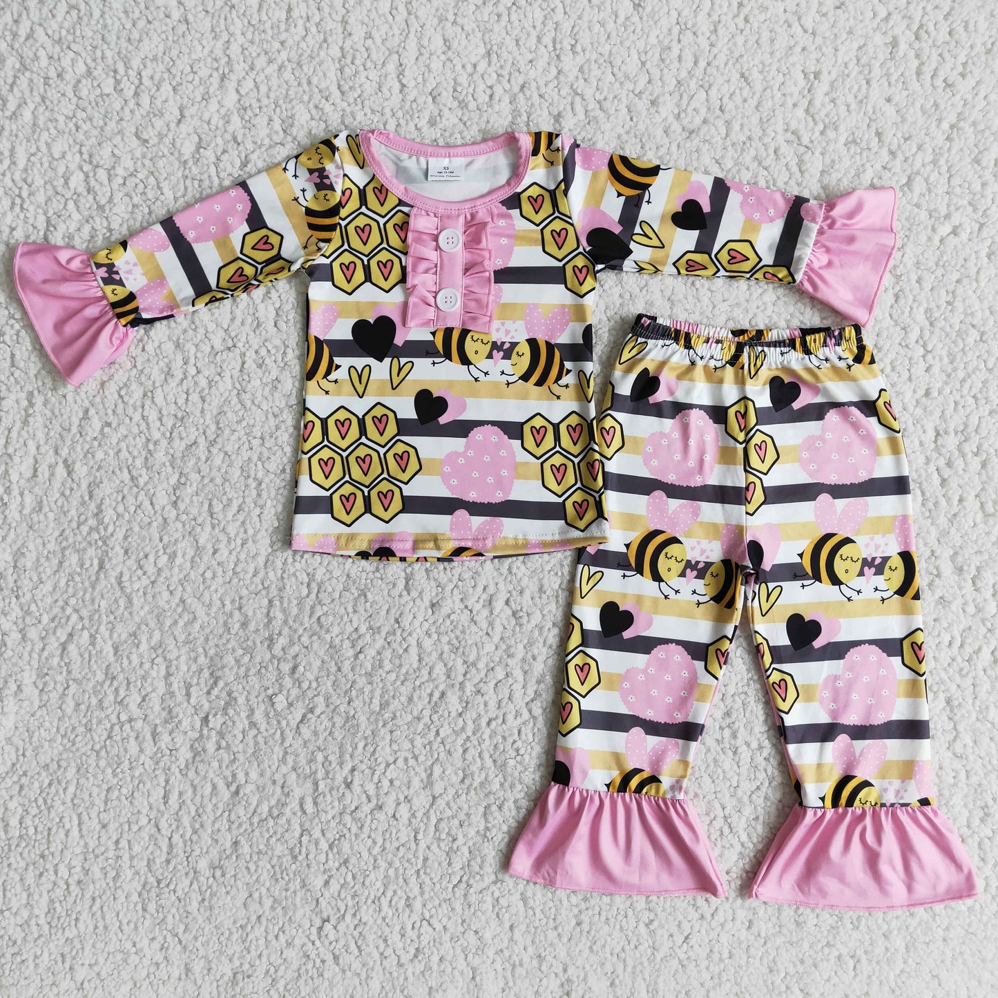 promotion pink yellow stripe bees girl long sleeve pajamas outfits Jan 0106