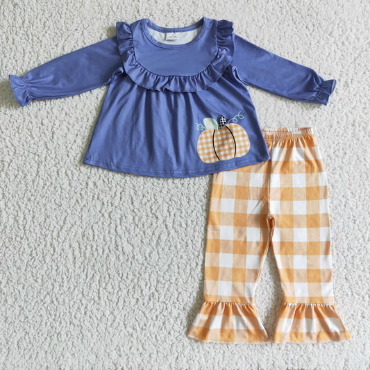 0929 RTS GLP0253 ruffle LONG sleeve halloween pumpkin orange plaid pants girl outfit