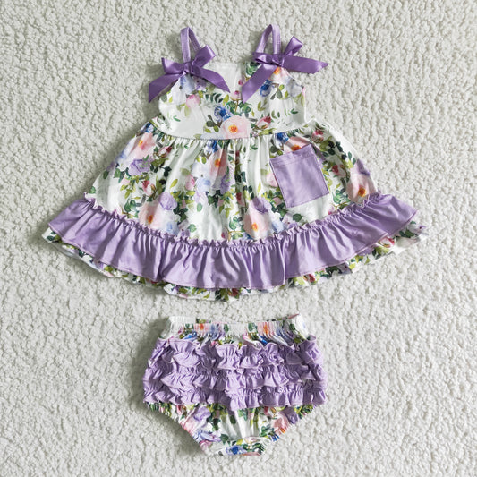 RTS Purple flower print ruffles bloomer bummie set sling girl clothing 20230317