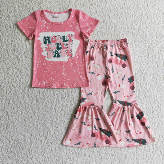 christmas girl outfits babe letters short sleeve pink bell bottoms pants 1015