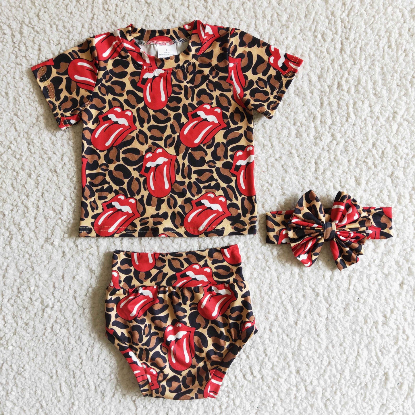 GBO0016 western clothes red tongue leopord print summer girl outfit short sleeve 3pcs bummies outfits 20230612 RTS