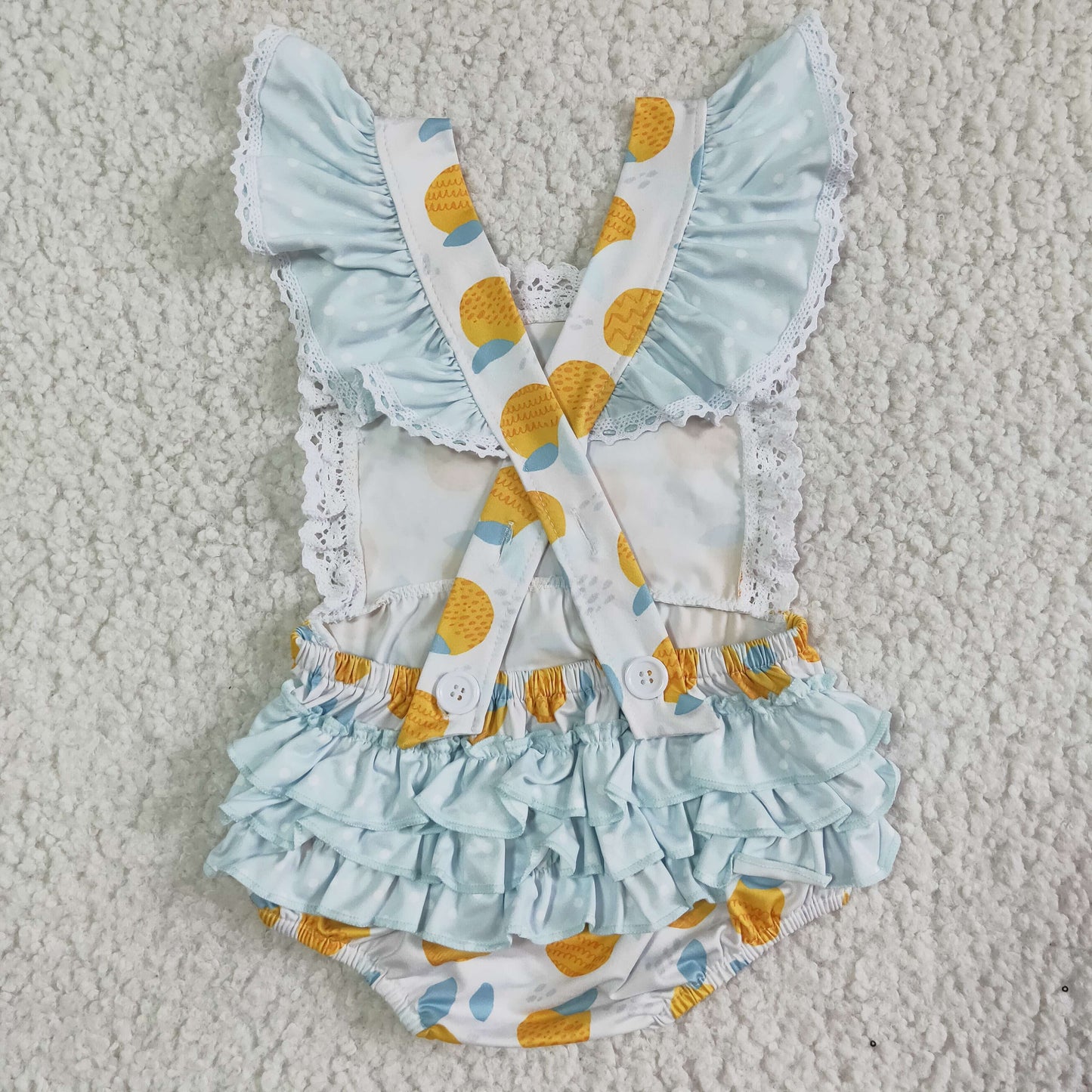 RTS yellow lemon lime orange fruit Begonia print ruffle girl sling pink romper 0611