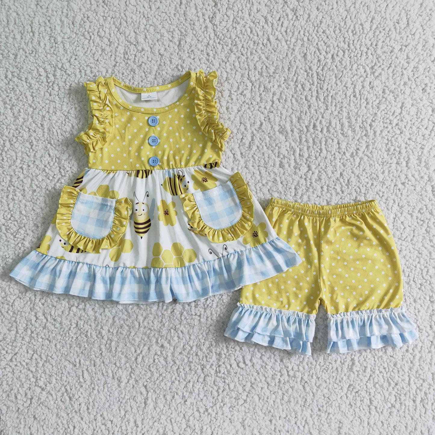 promotion RTS yellow bee lime flower print blue plaid pockets ruffle shorts girl outfit