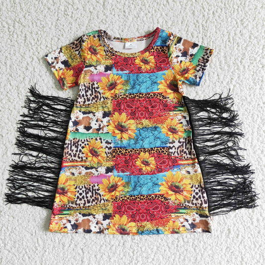 RTS tassels western leopard cow sunflower print spring summer dress real pic 0531