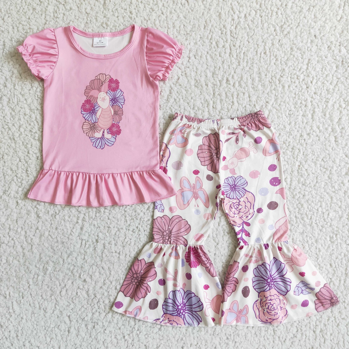 0711 RTS pink cartoon pig short sleeve purple bird flower bell bottom pants girl outfit