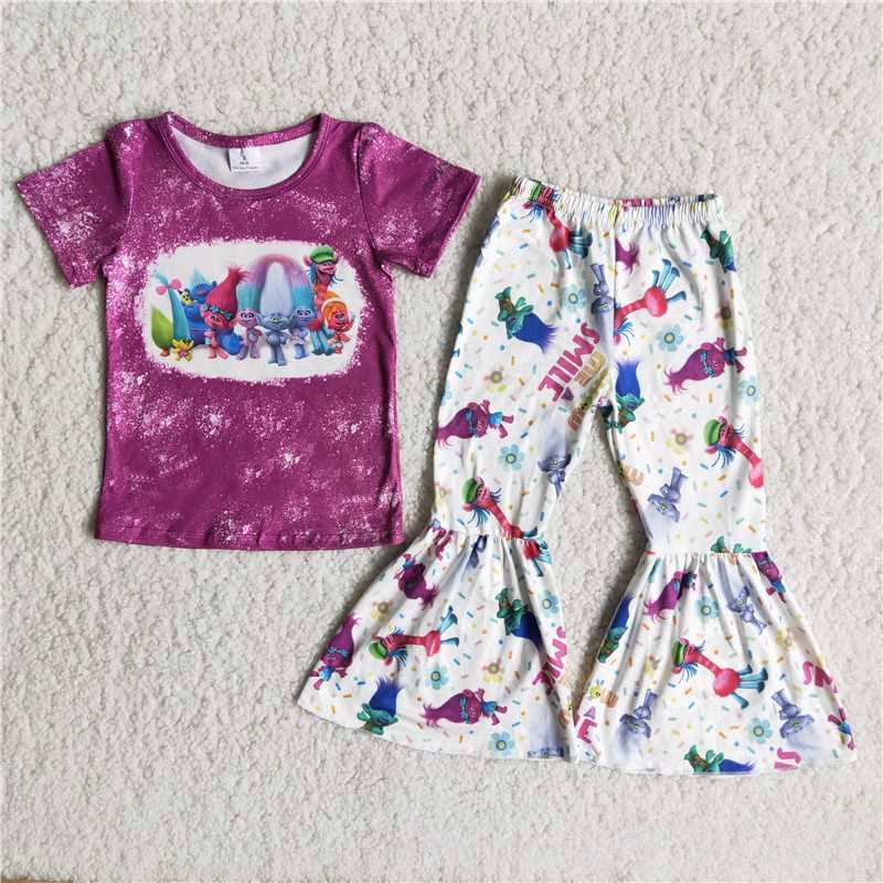 promotion B17-4 cartoon purple short sleeve bell bottom pants outfit