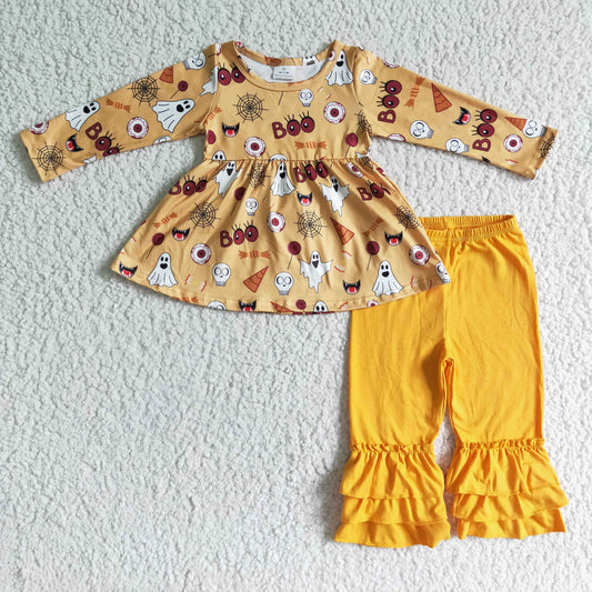 202410 Promotion  GLP0044 RTS  orange long sleeve yellow ruffle pants girl outfit halloween