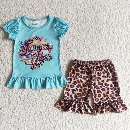 promotion RTS B12-30 blue top jummer viles short sleeve leopard shorts girl summer outfit0302