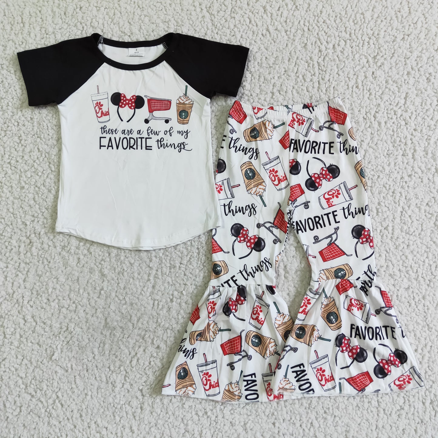 promotion E9-5 black raglan cup letters cartoon mouse short sleeve bell bottom pant girl outfit 0803 RTS