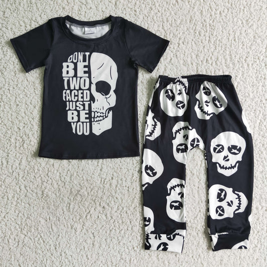0719 RTS white black halloween skull short sleeve boy outfit