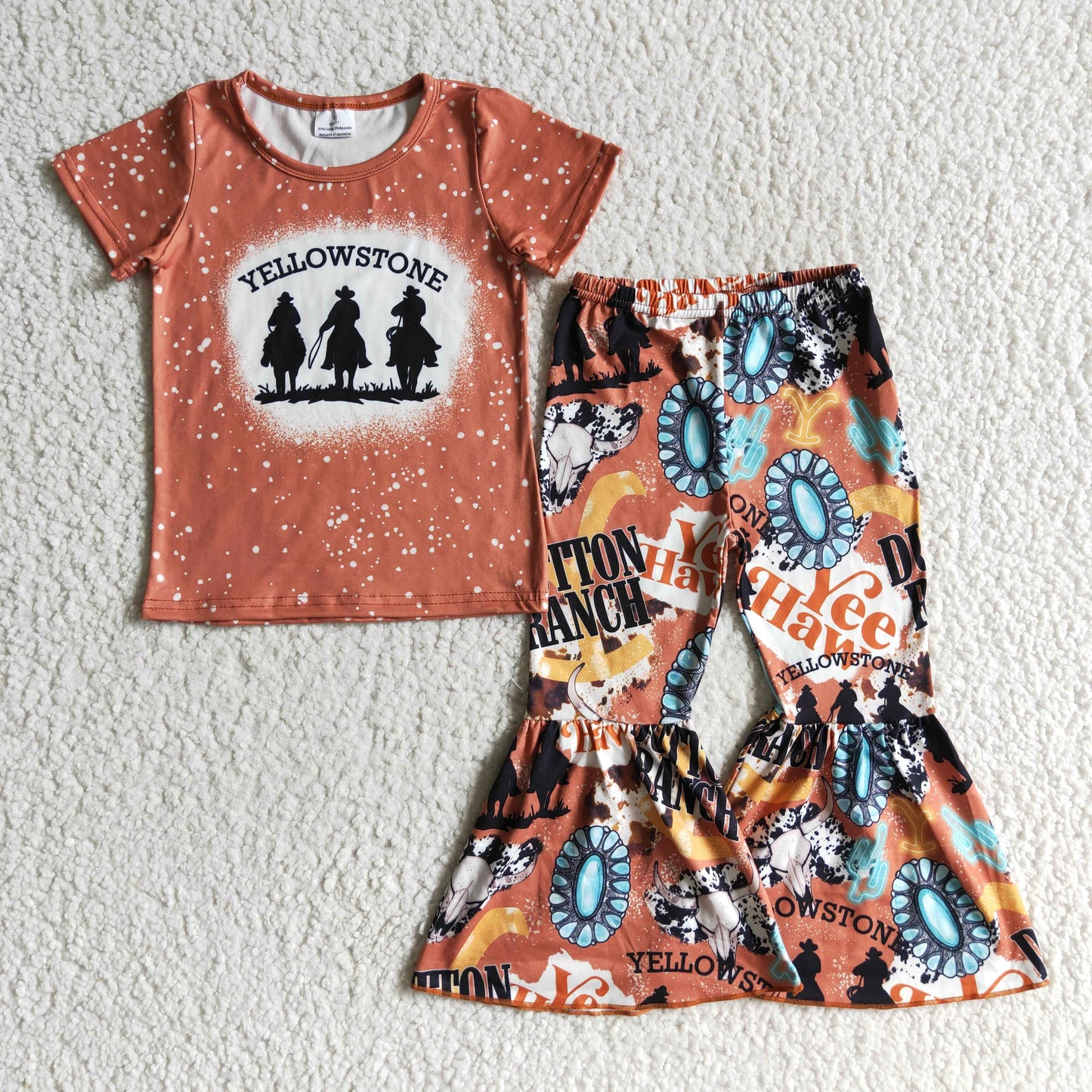 promotion B1-19 yellow stone letters cow print orange girl short sleeves cowboys bell bottom outfit 0915 RTS