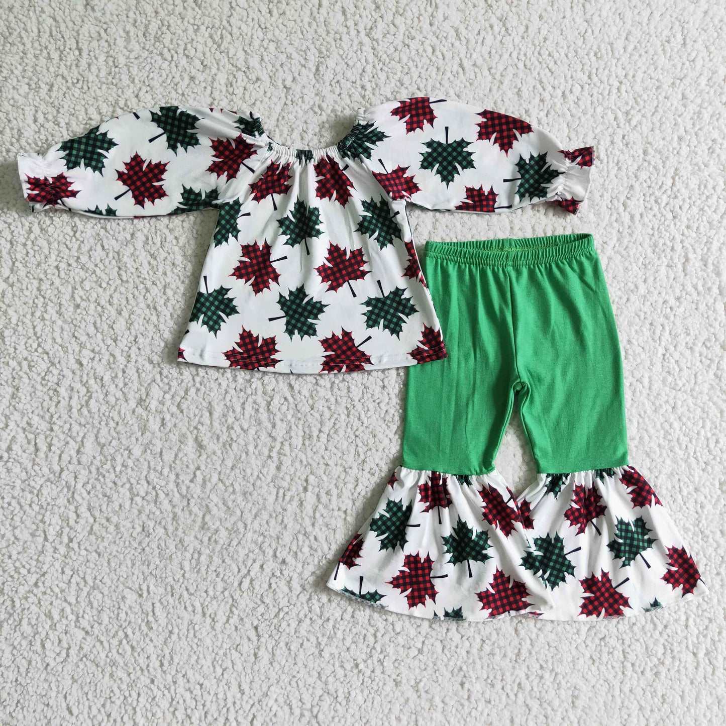 RTS christmas off shoulder red green leaf long sleeve girl outfit 0914