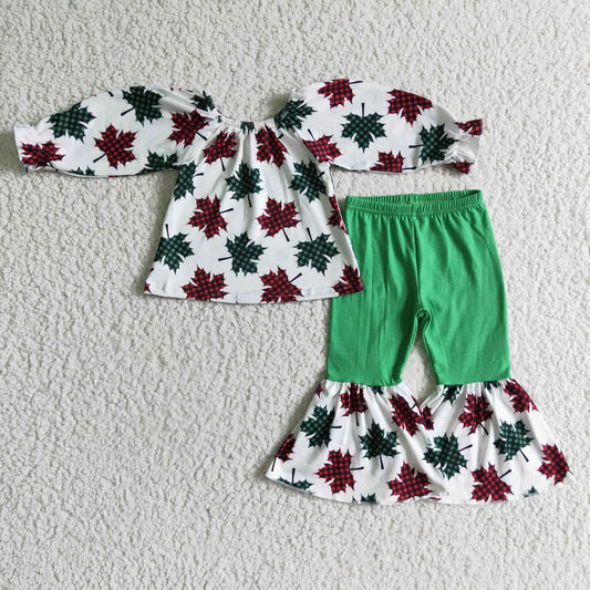 RTS christmas off shoulder red green leaf long sleeve girl outfit 0914