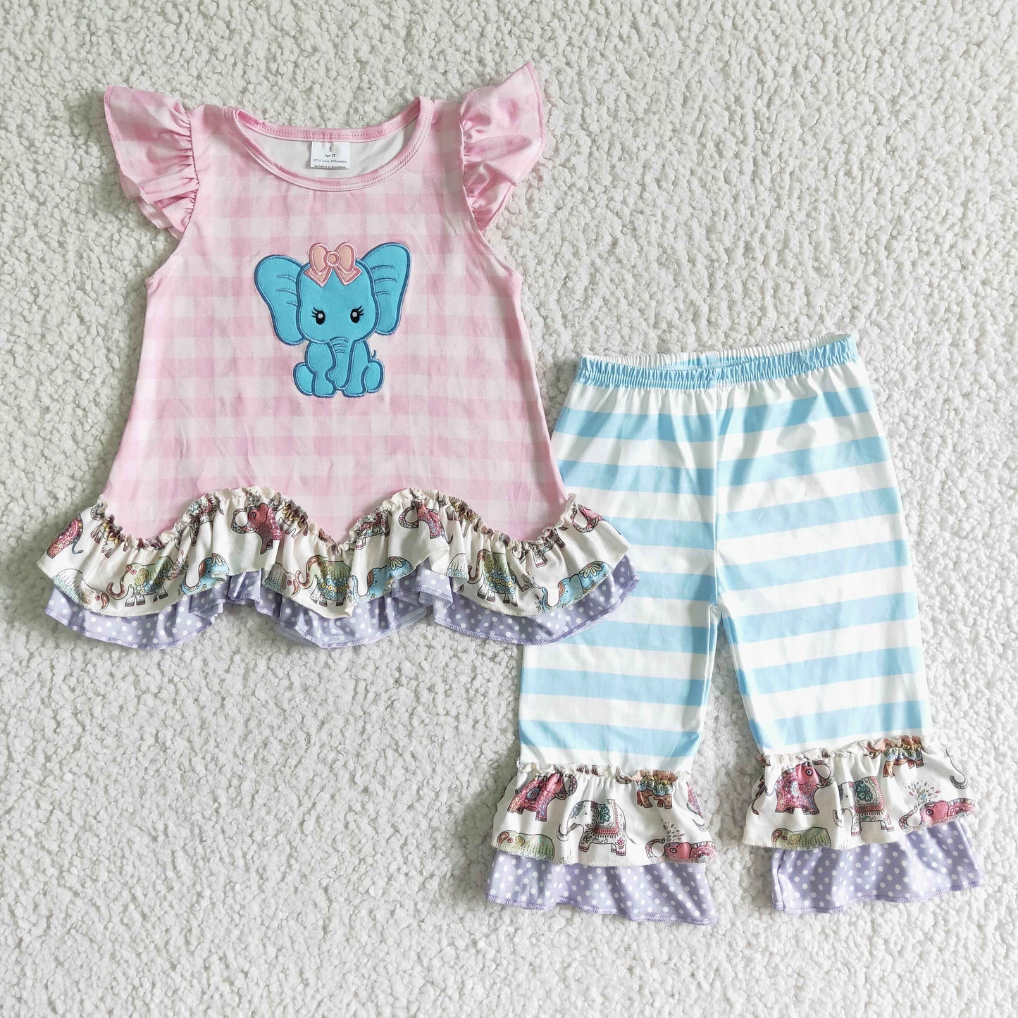 RTS Embroidery elephant animal print pink plaid girl short sleeve blue stripe bell bottom pant outfit 0611