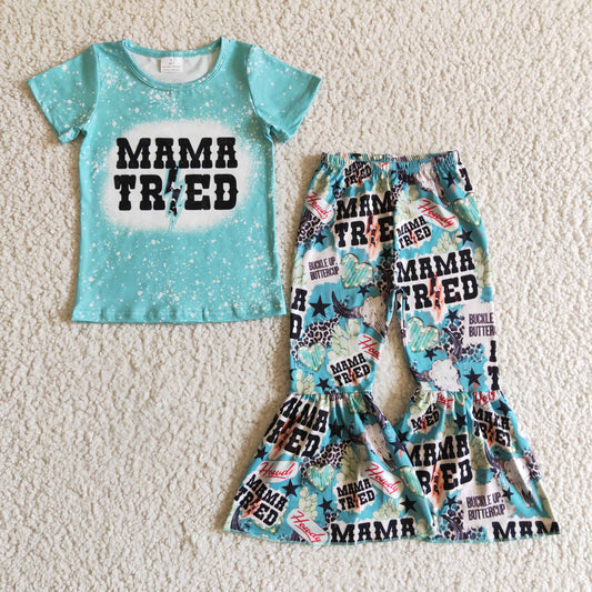 promotion GSPO0211 cow print mama tried blue girl short sleeve top pant outfit RTS 202407