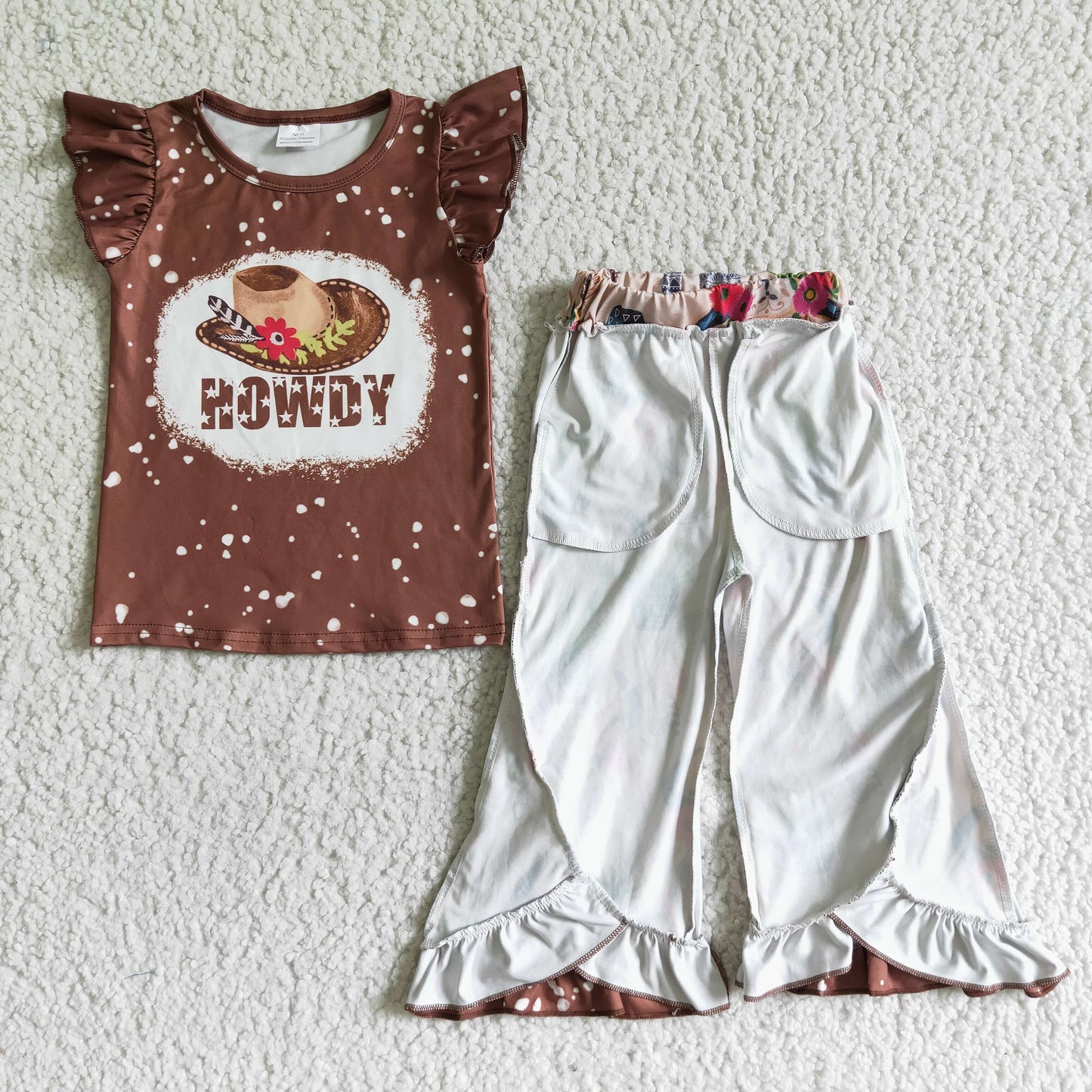 RTS 0629 brown ruffle short sleeve howdy flower cow boots hat ruffle pants girl outfit