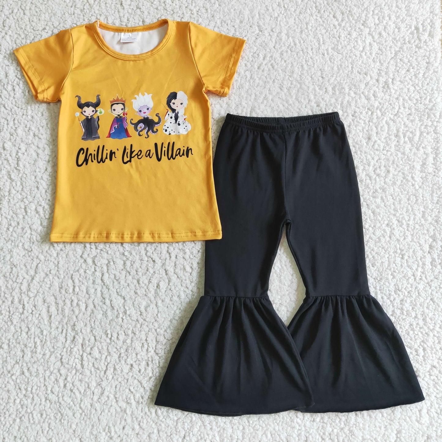 promotion A1-15 cartoon chillin letters yellow short sleeve bell bottom pants outfit  202408