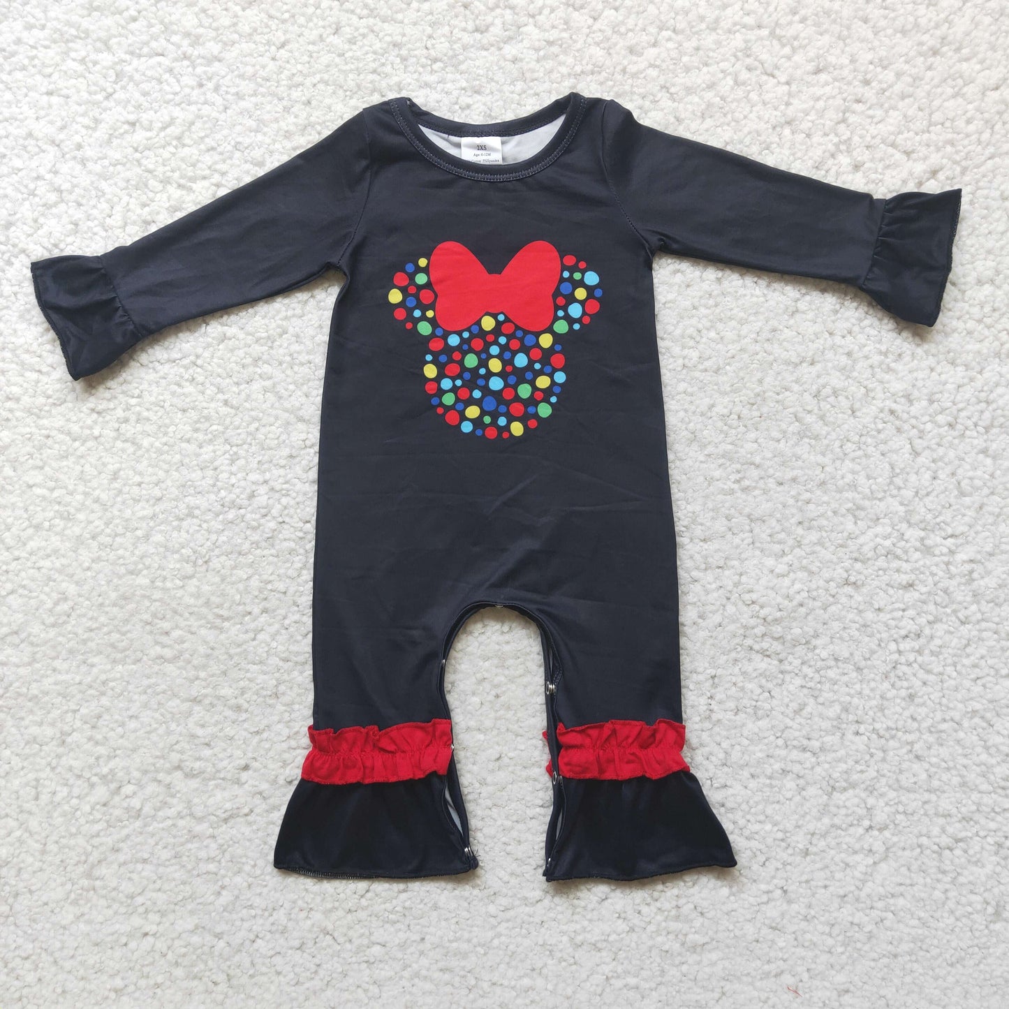 Promotion cartoon bow girl lace black red long sleeve romper