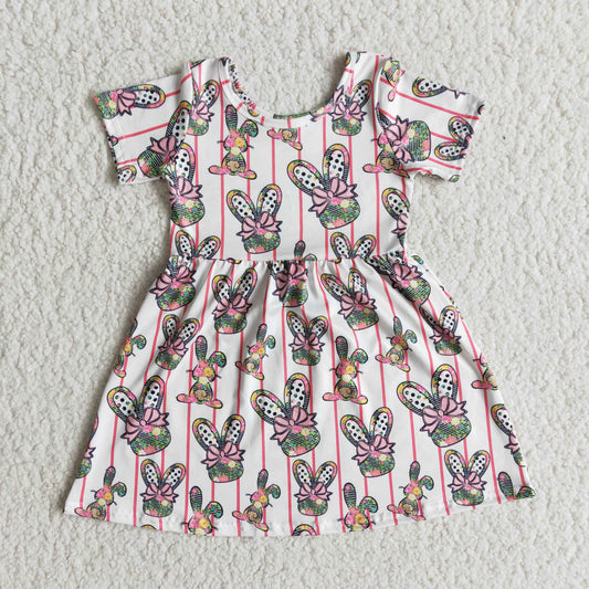 Promotion pink stripe bow rabbit short sleeve dress