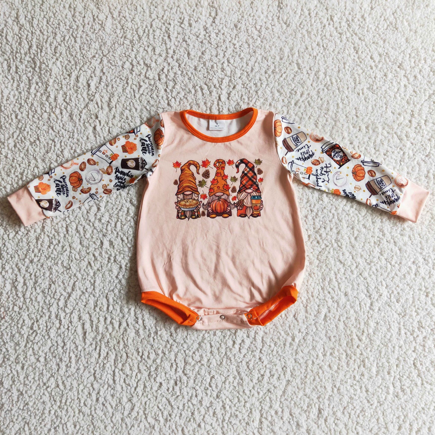 thanksgiving fall leaves orange snap girl long sleeve romper