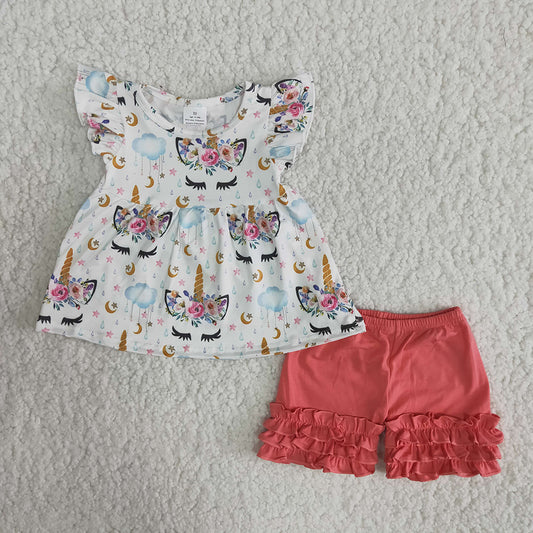 promotion A15-11 Unicorn rain puffy red ruffles girl short sleeve shorts outfits