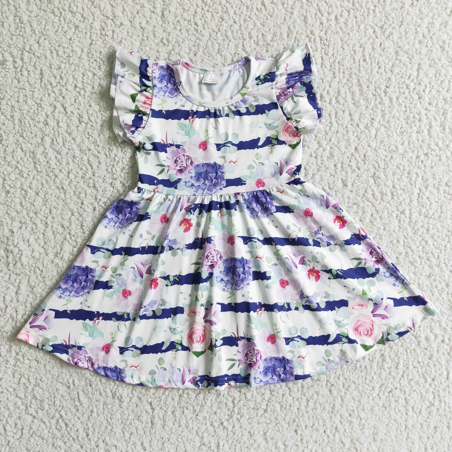 Flower purple stripe tunic puffy short sleeve girl dress  0718 RTS