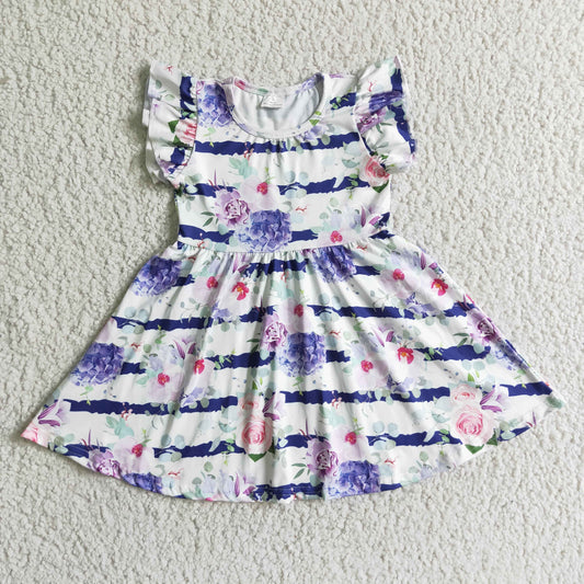 Flower purple stripe tunic puffy short sleeve girl dress  0718 RTS