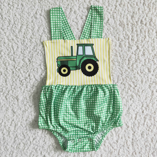 promotion RTS SR0036 green tractor embroidery short sleeve boy plaid shorts summer romper 2 RTS