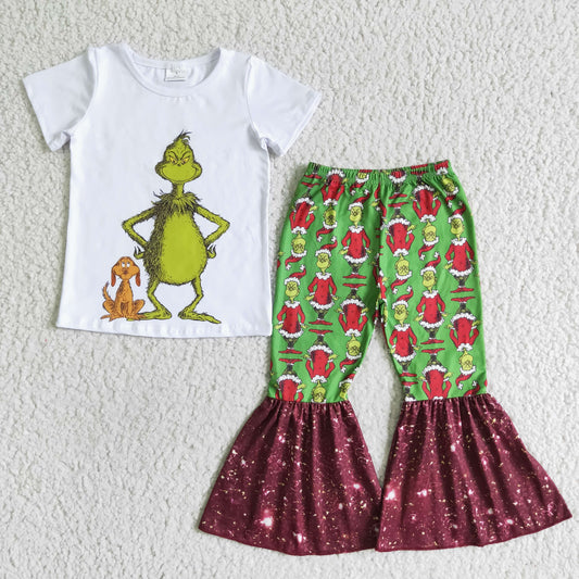 christmas dog green cartoon white short sleeve bell bottom pant outfit 0712 RTS