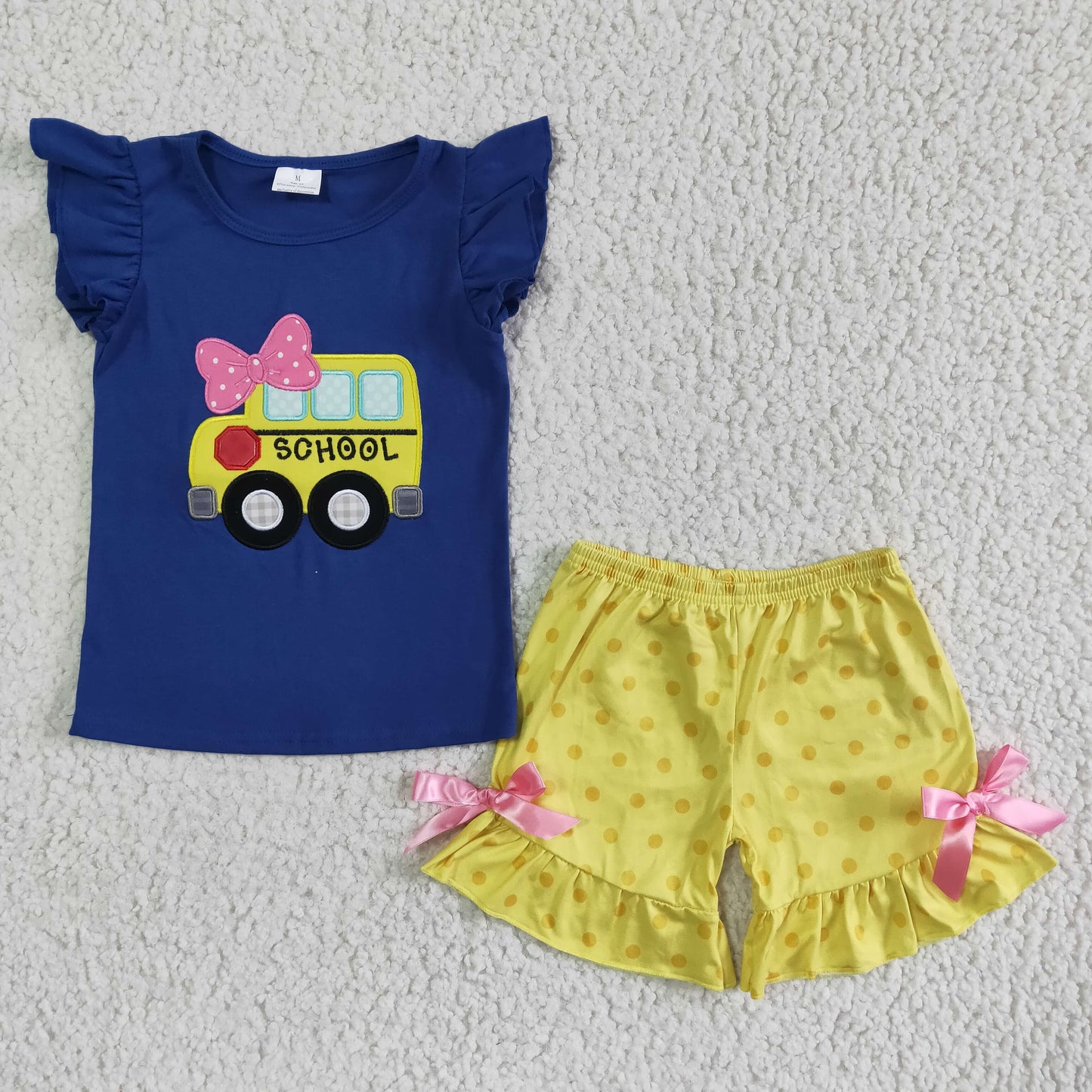 RTS blue back to school embroidery short sleeve yellow shorts girl outfit 0528